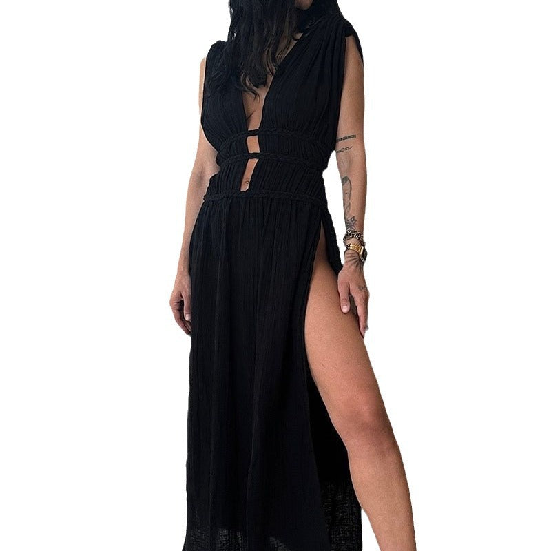 Sleeveless Braid Belt Cut Out Slit Long Skirt