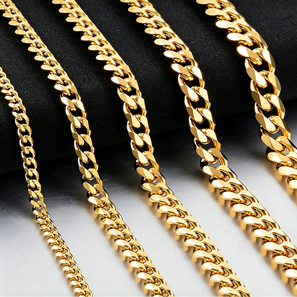 Six-Sided Mill Cuban Chain Necklace Bracelet Stainless Steel Hip Hop Jewelry
