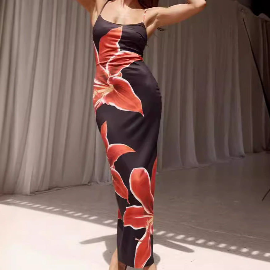 Floral Print Suspender Slit Dress
