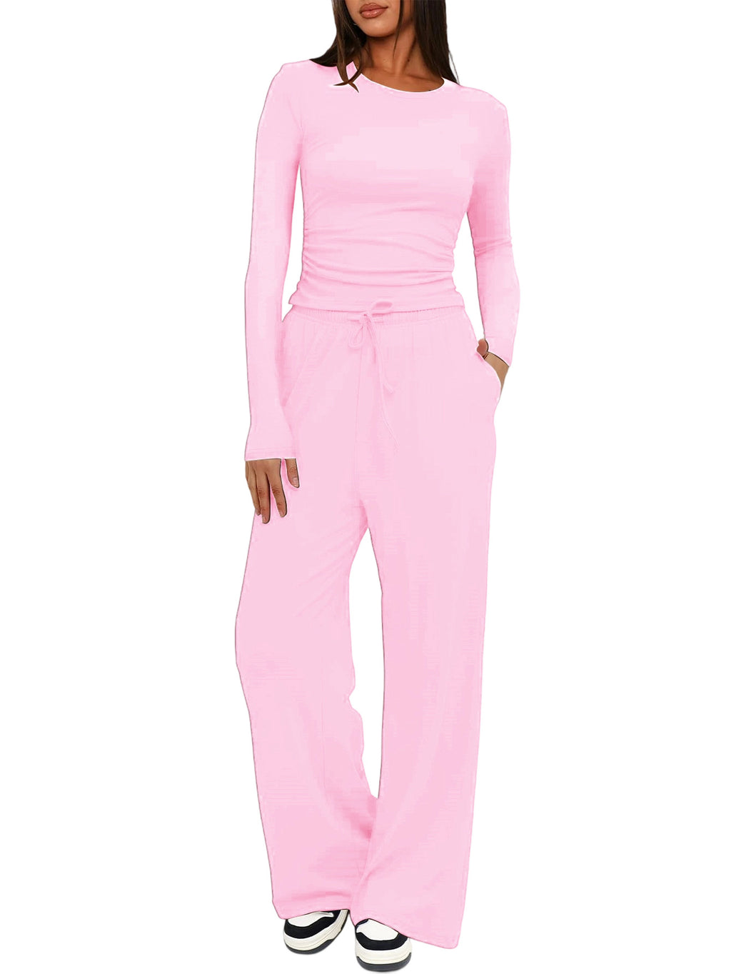 Solid Color Long Sleeve Top and High Waisted Wide Leg Pants Sportswear Set