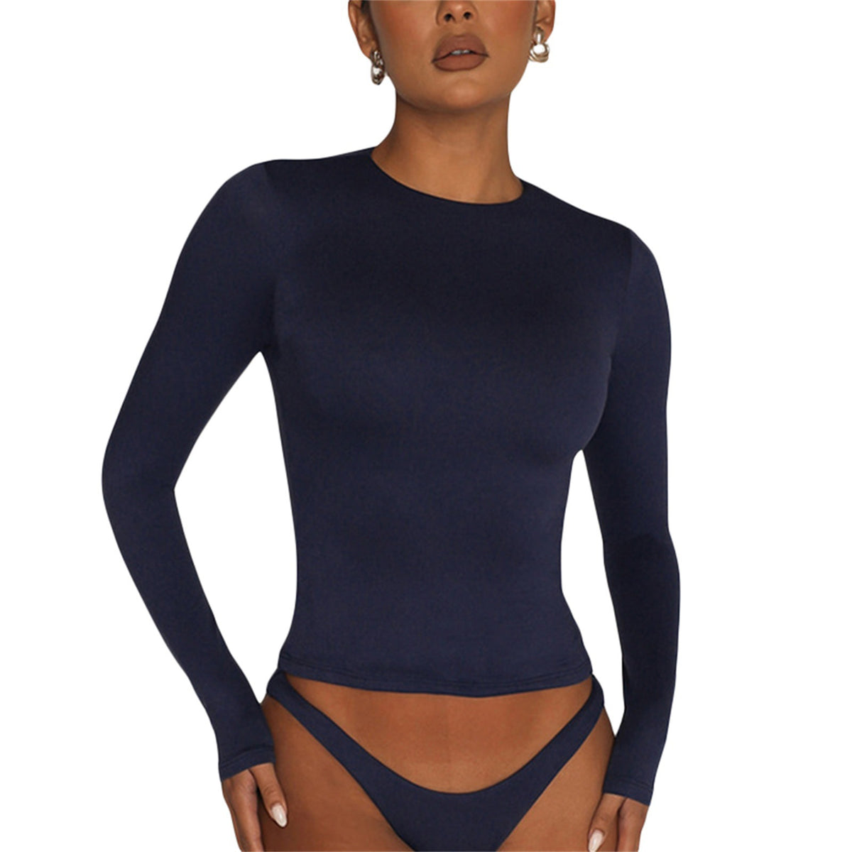 Women Slim Fit Cotton T-Shirt Crew Neck Long Sleeve Solid Color Top
