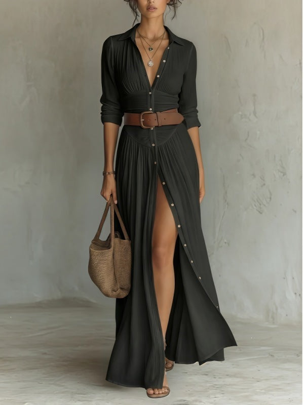 Womens V-Neck Belted Shirt Dress