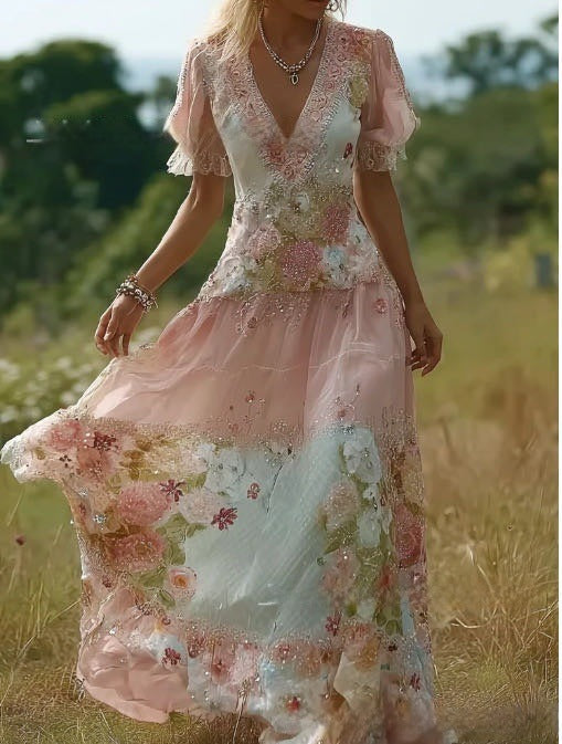 Women's Floral Print Deep V-Neck Sleeveless Slim Fit Midi Dress