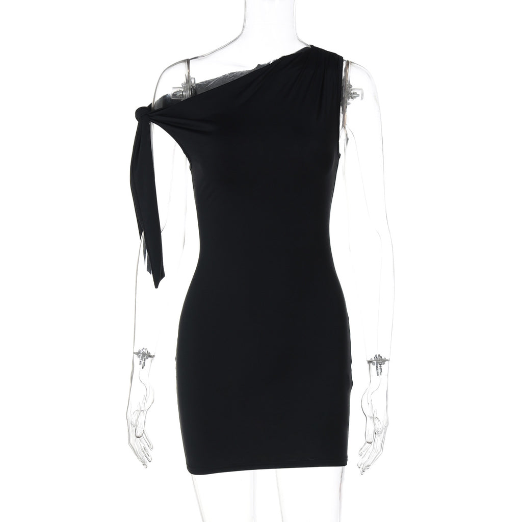 Single Shoulder Sleeveless Strap Detail Hip Hugging Short Dress