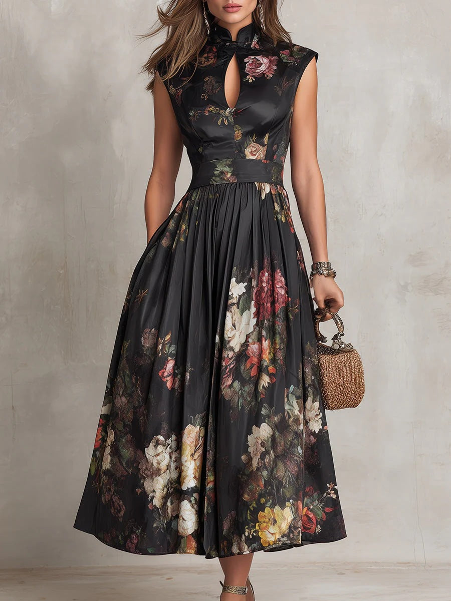 Women Sleeveless Floral Print Slim Fit Long Dress