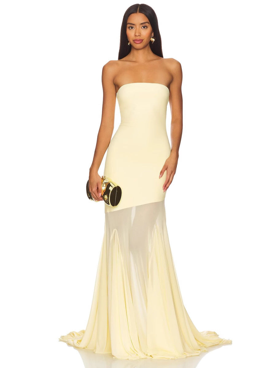 A full-skirted net-silk plain-colored long dress