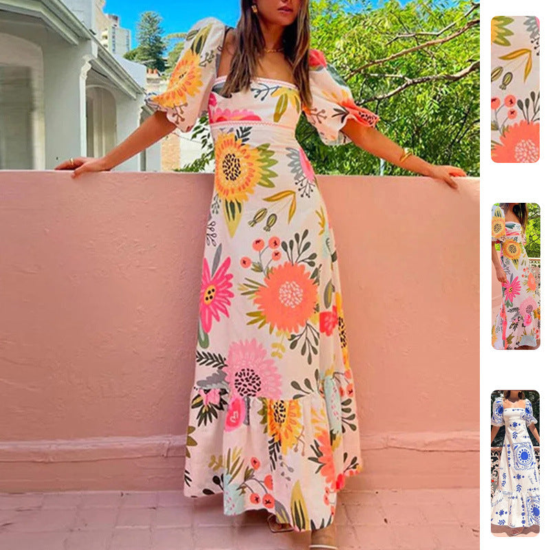 Flared Lantern Sleeve Printed Dress