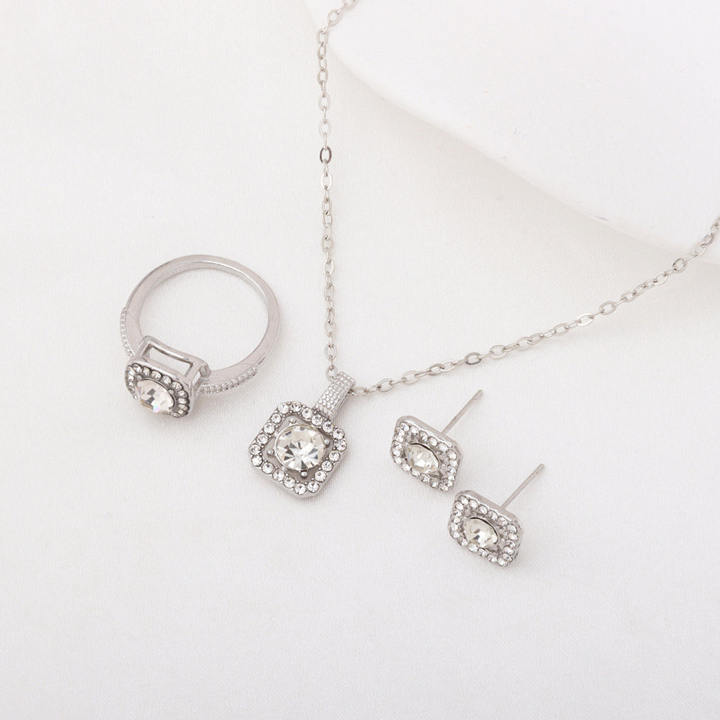 Square Rhinestone Jewelry Set Necklace Ring Earrings