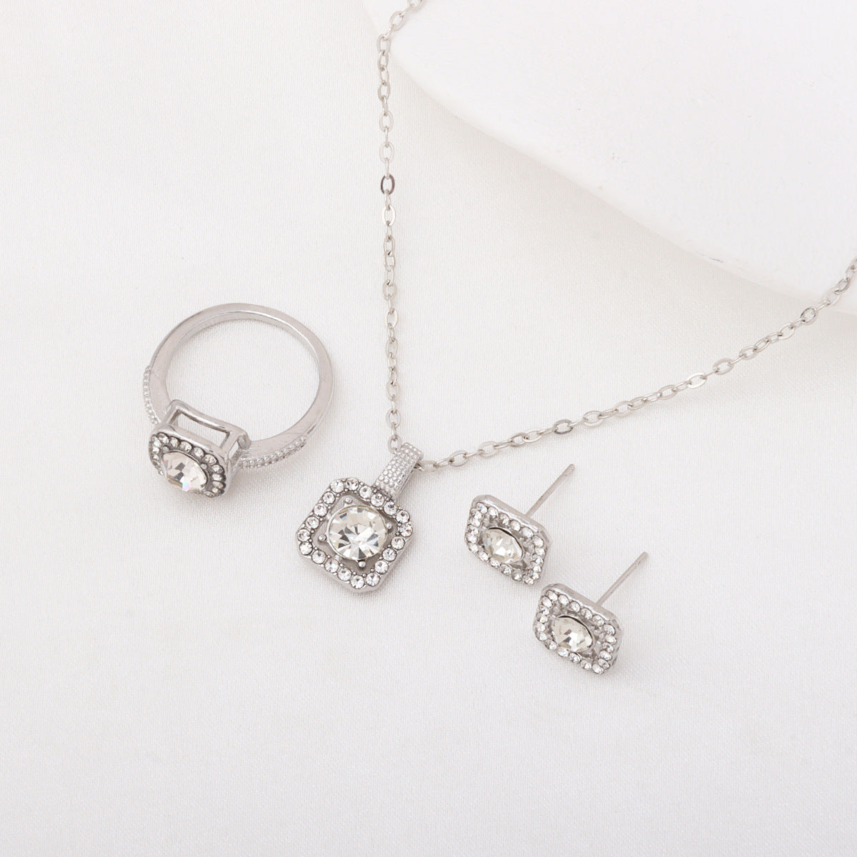 Square Rhinestone Jewelry Set Necklace Ring Earrings