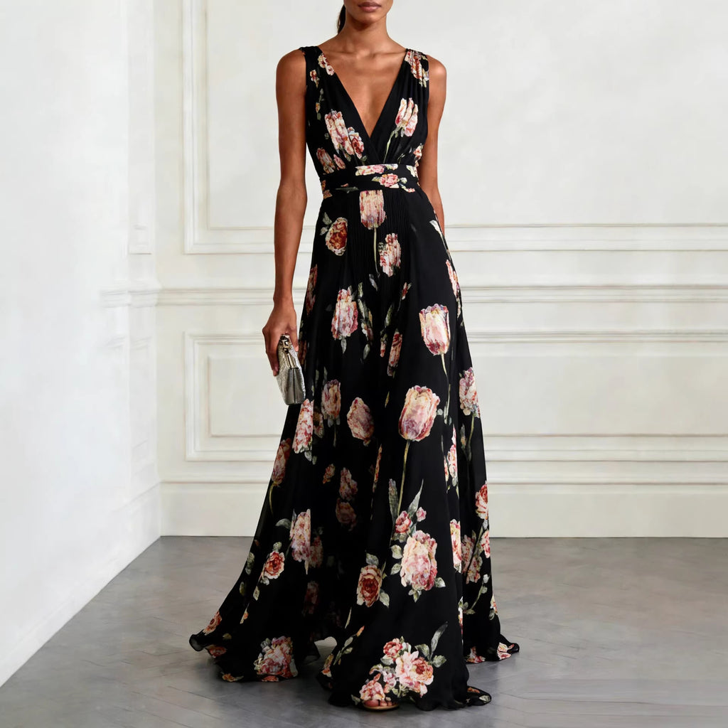 Womens Floral Print Sleeveless V-Neck Irregular Long Dress