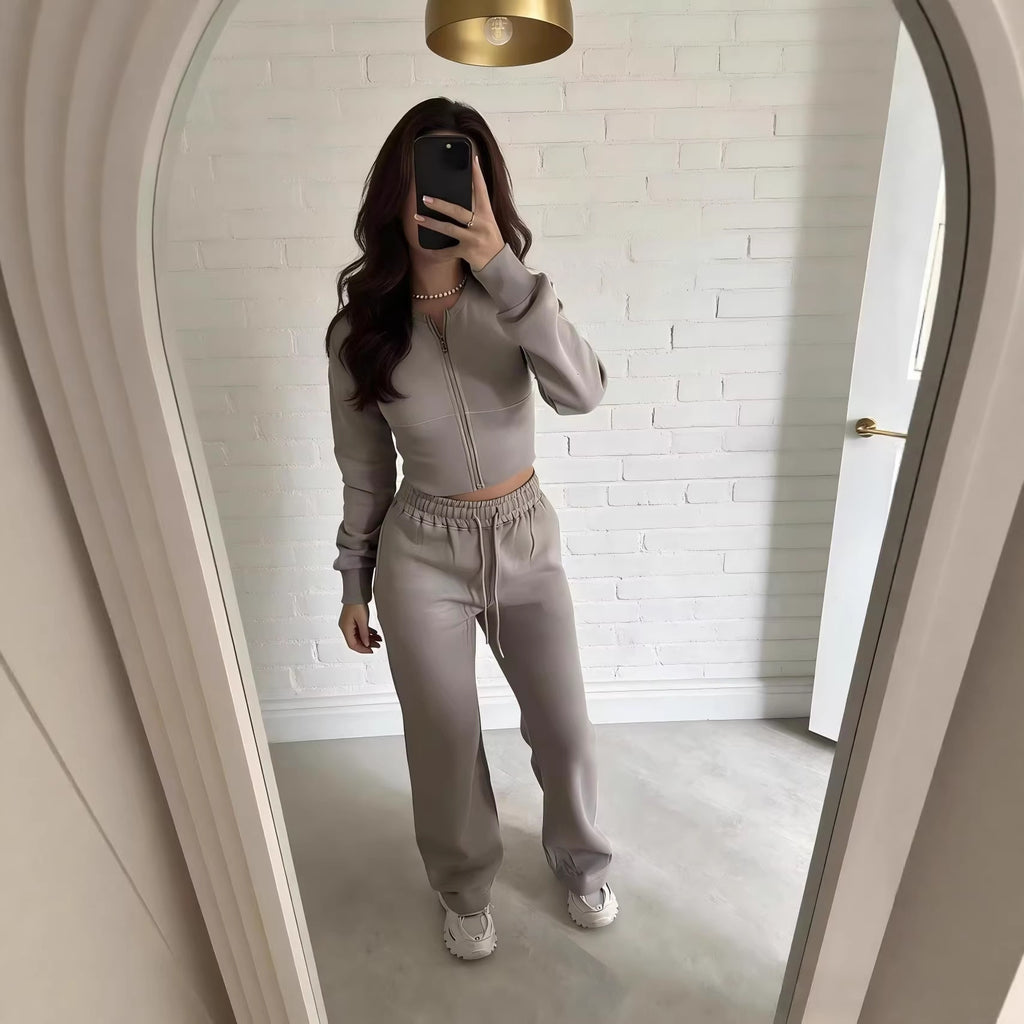 Women's Casual Zipper Hoodie and Straight Pants Set