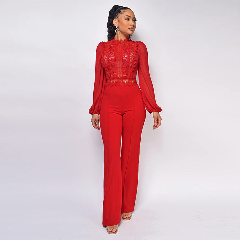 Women's High Collar Lace Chiffon Jumpsuit