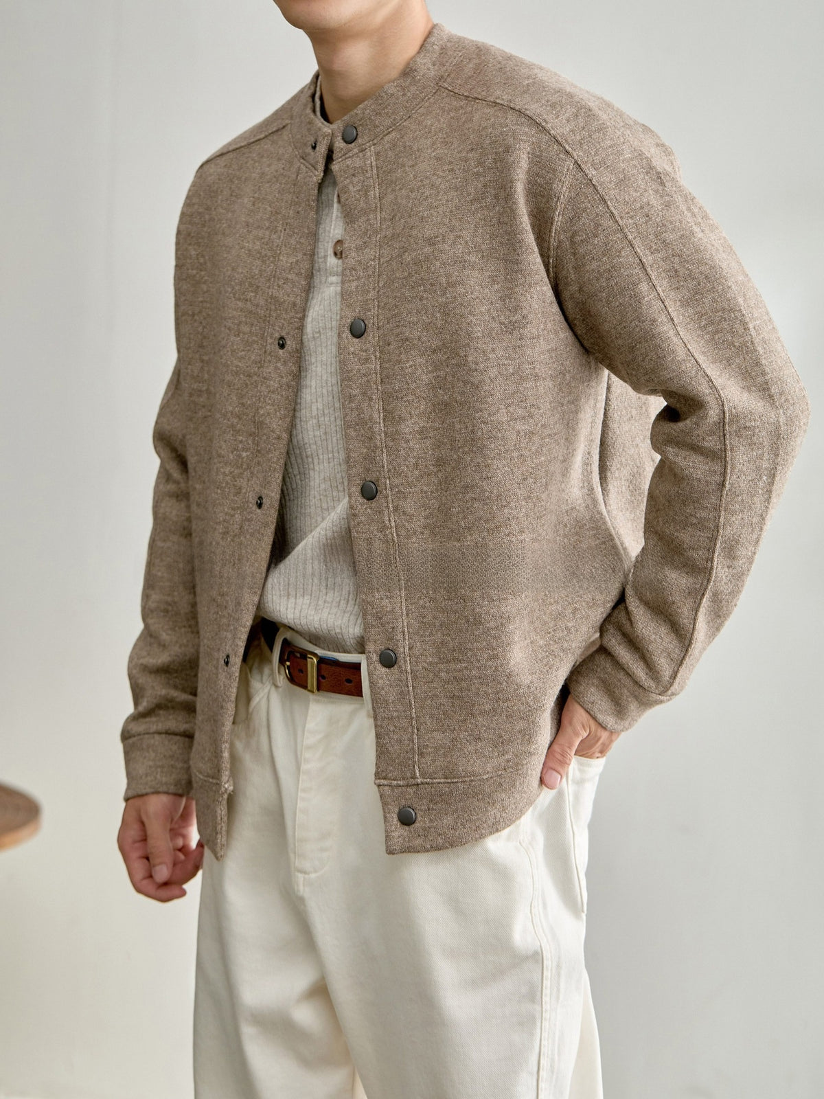 Men's baseball-style textured blended knit cardigan
