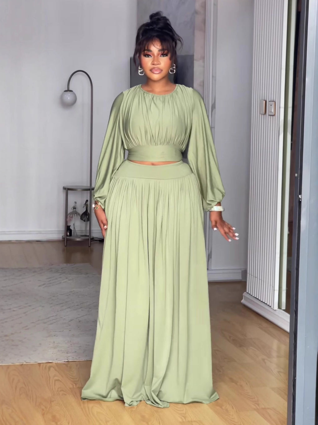 Round Neck Long Sleeve Elastic Waist Flared Skirt Set
