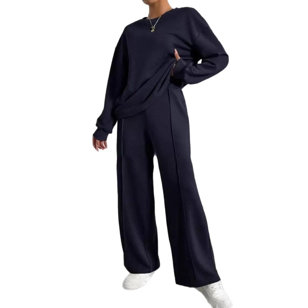Women's Solid Color Round Neck Long Sleeve Pants Suit Casual Two-Piece Set