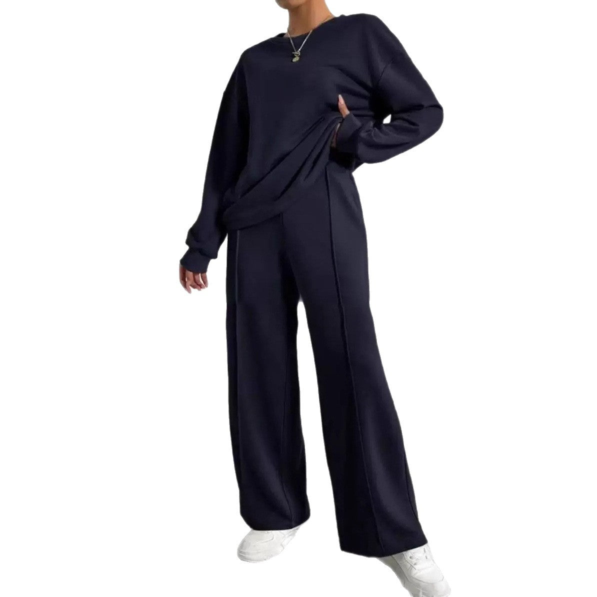 Women's Solid Color Round Neck Long Sleeve Pants Suit Casual Two-Piece Set