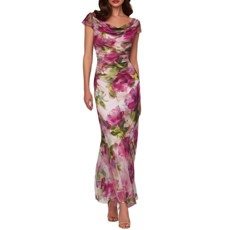 Women's Summer Floral Print Fishtail Dress Slim Fit Swing Collar Short Sleeve Long Dress