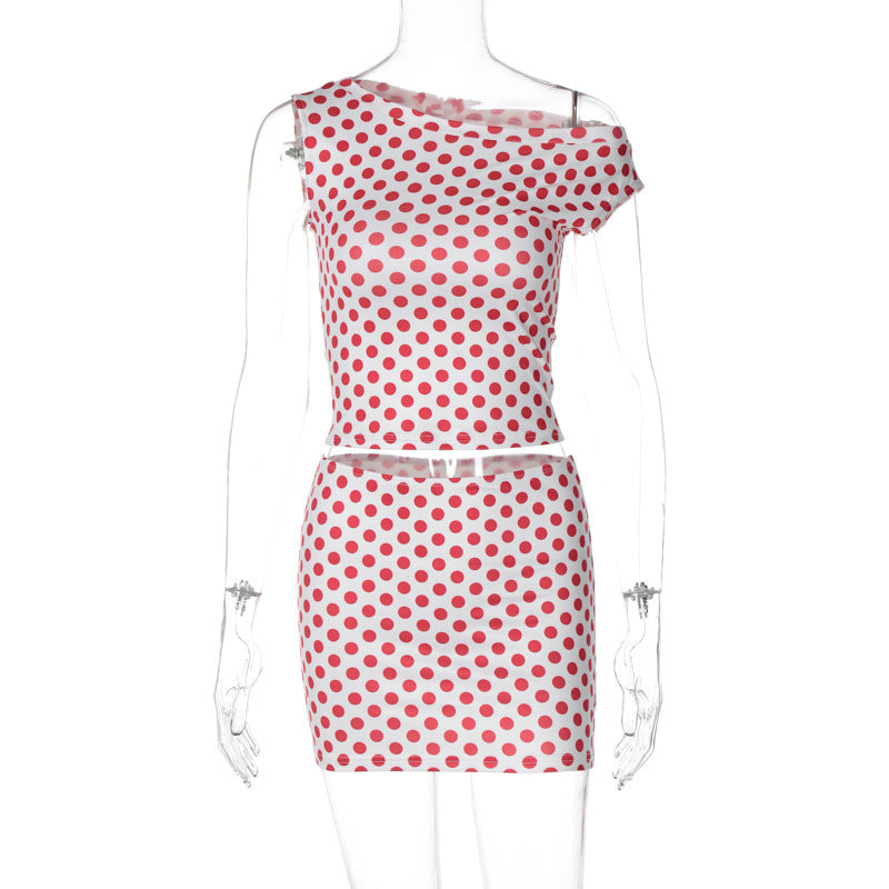 Sleeve Polo Dot Slim Fit Skirt Suit