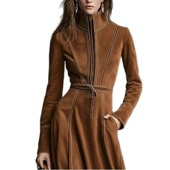 Women's Retro Suede Stand Collar Zipper A-Line Long Dress