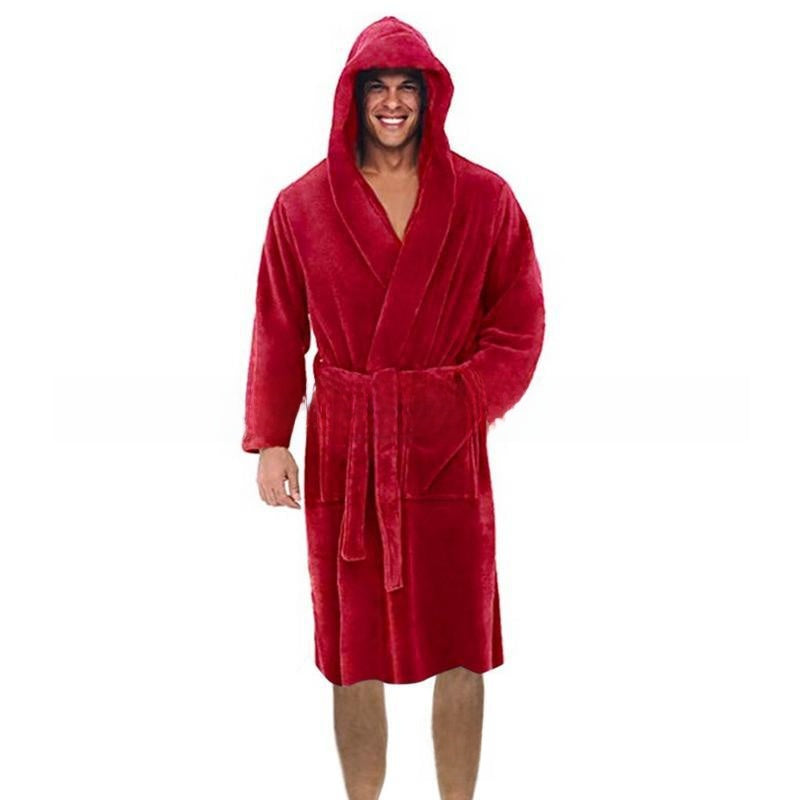 Men's Extra Thick Hooded Nightgown Warm Long Sleeve Robe