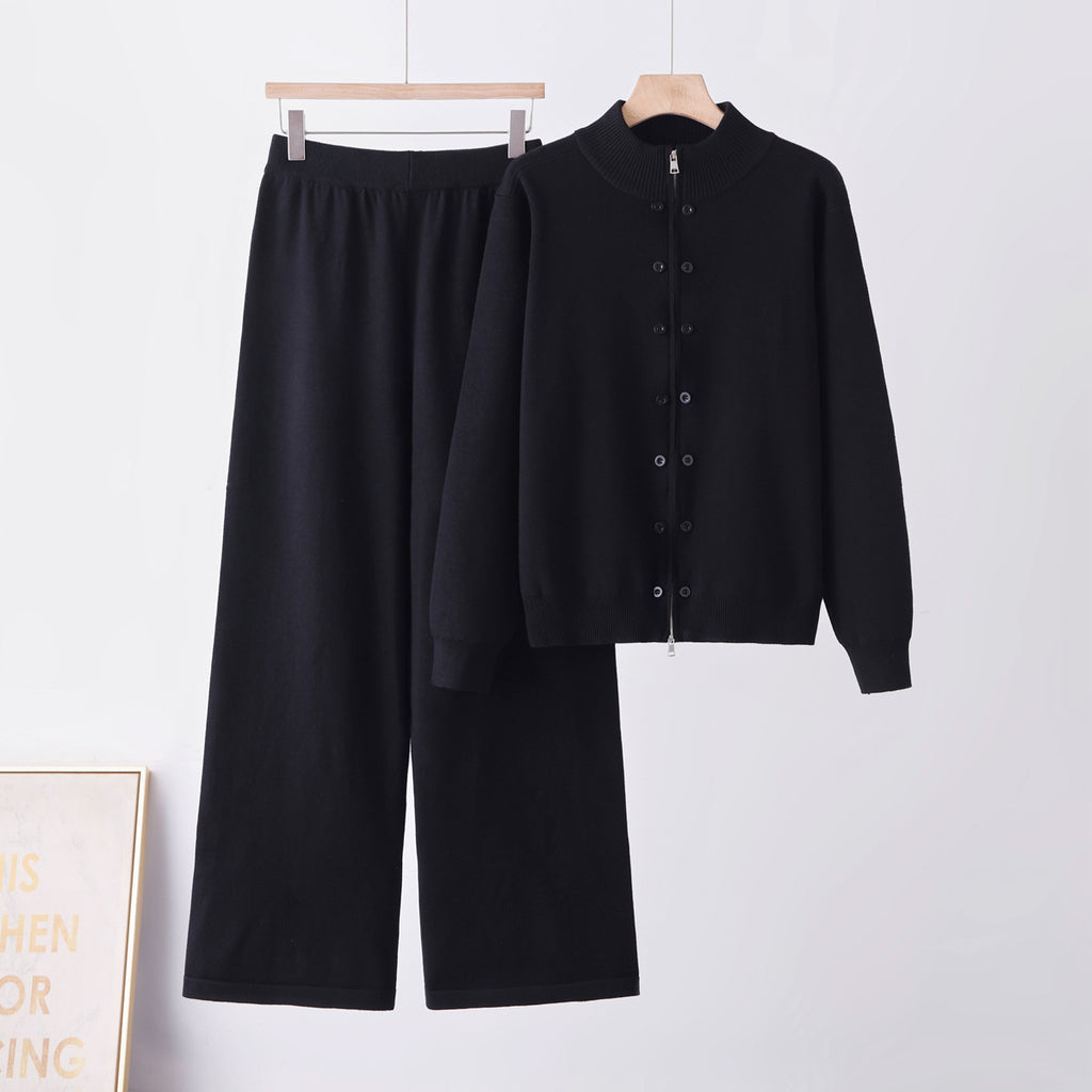 Women Thickened Half-High Neck Knit Suit Long Sleeve Zipper Button Solid Color Casual Two-Piece Set