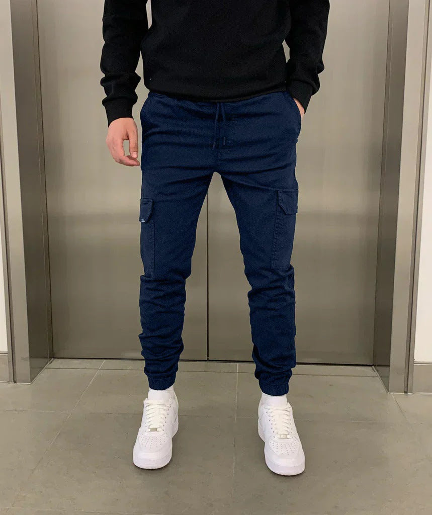 Mens Three-Dimensional Pocket Cargo Pants Elastic Waist Drawstring Loose Fit Casual Trousers