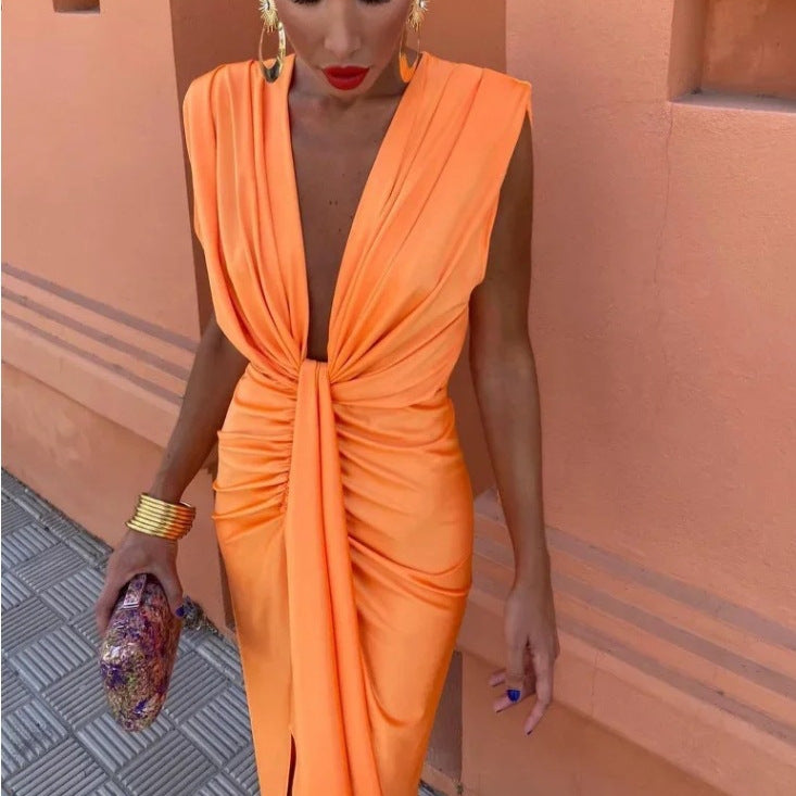 Satin V-neck Pleated Sleeveless Dress