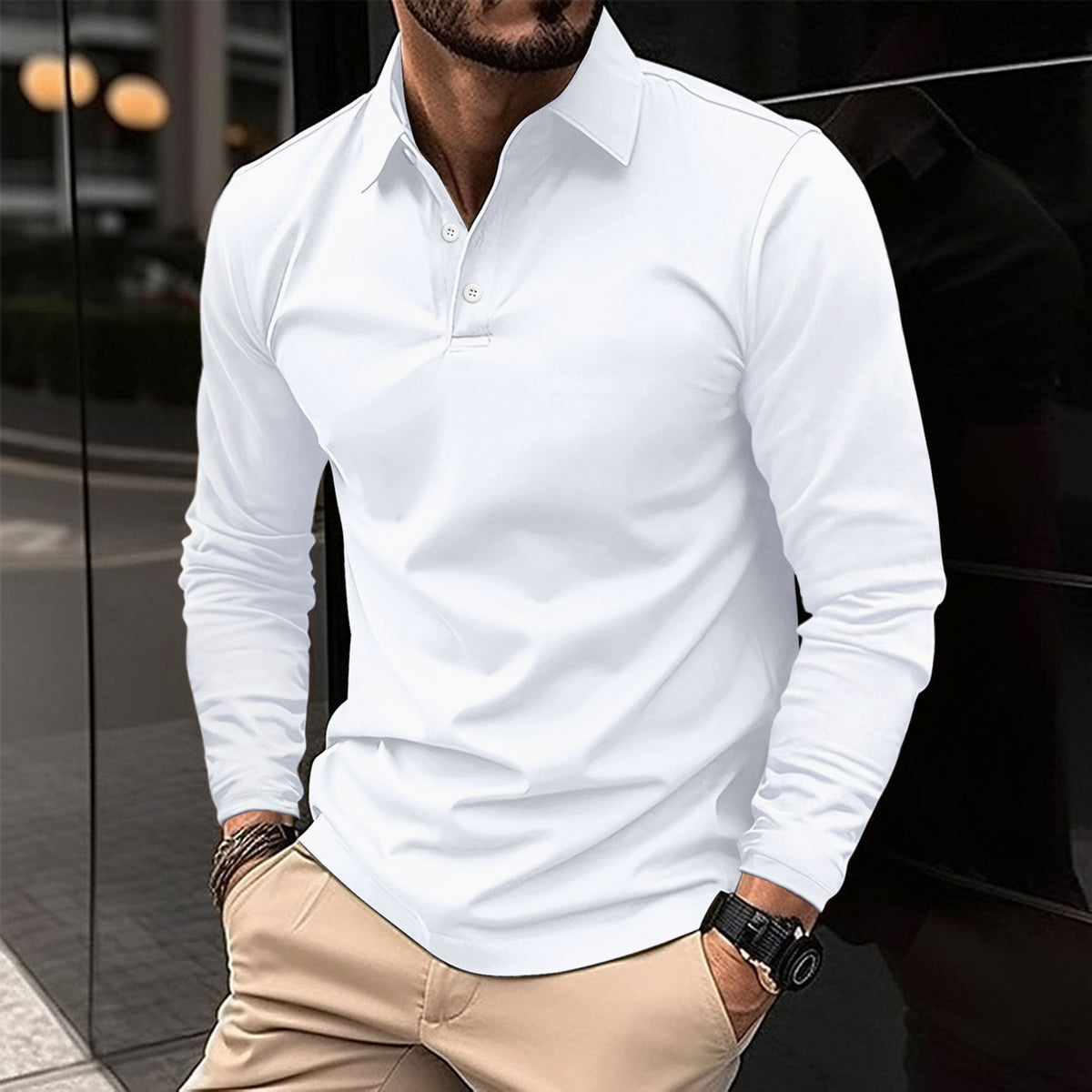 Mens Long Sleeve Solid Color Polo Shirt Casual Cotton Blend Button Down