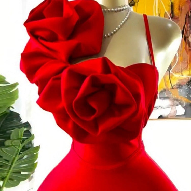 Three-dimensional rose sleeveless strap tube top elegant dress