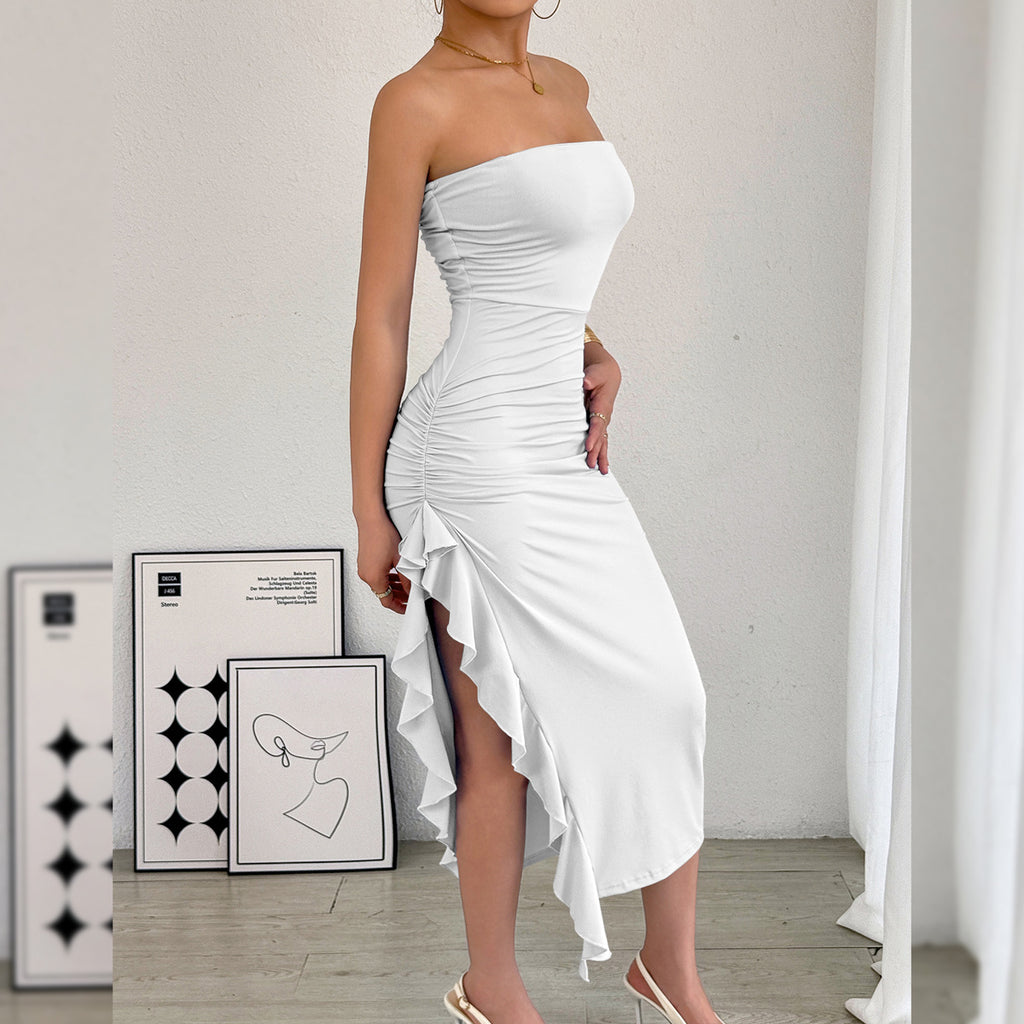 Women's Slim Fit Tube Top Bodycon Dress Slit Wrap Chest Solid Color