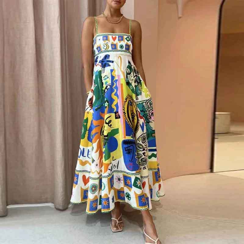 2026 Summer New Style Cross-Border European and American Resort-Style Dress, Elegant Long Printed Strap Dress