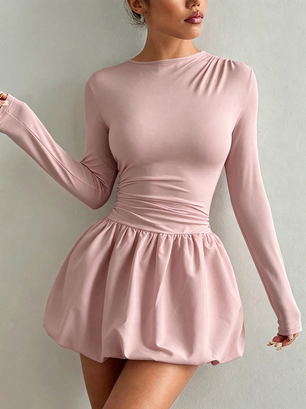 Womens Slim-Fit Long Sleeve Dress with Elastic Puff Skirt