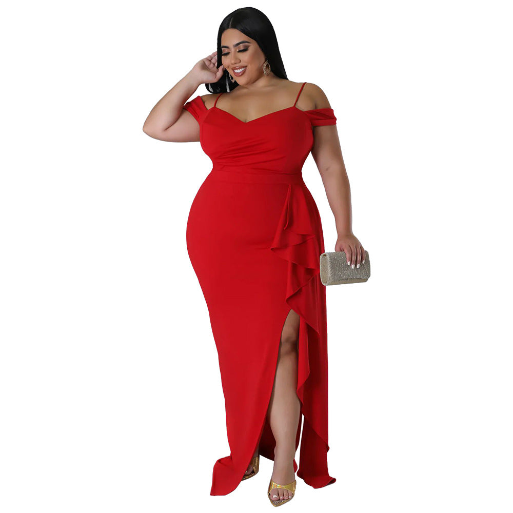 Ruffled Sling Dress with High Slit