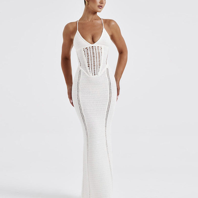 Womens V-Neck Backless Knitted Dress