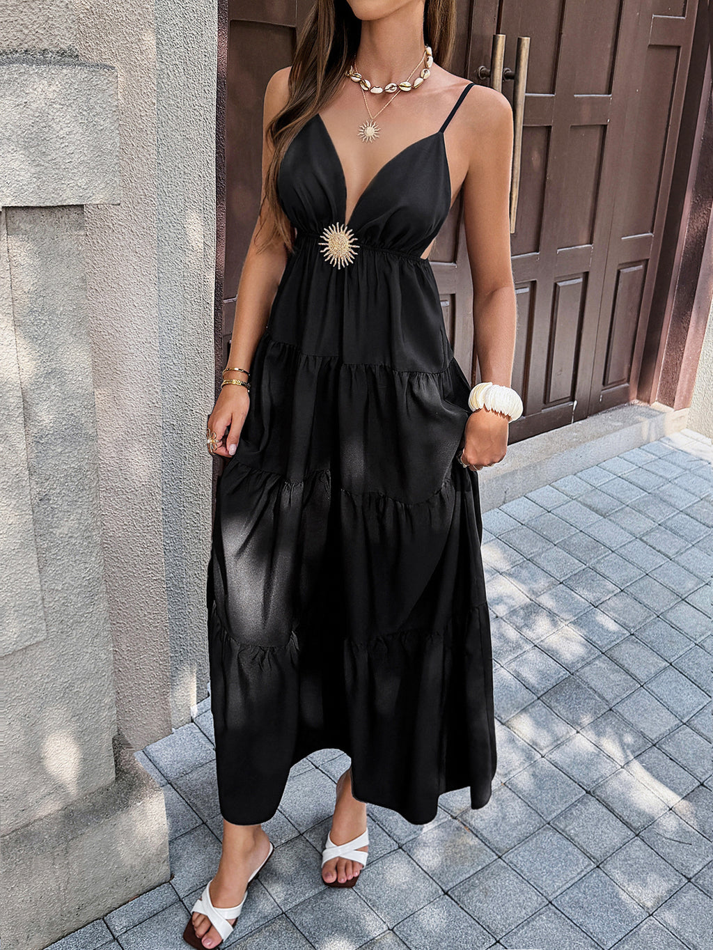 Womens Solid Color Spaghetti Strap Dress Elegant Sleeveless Slip Dress
