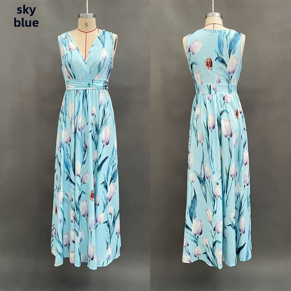 Womens Floral Print Sleeveless V-Neck Irregular Long Dress