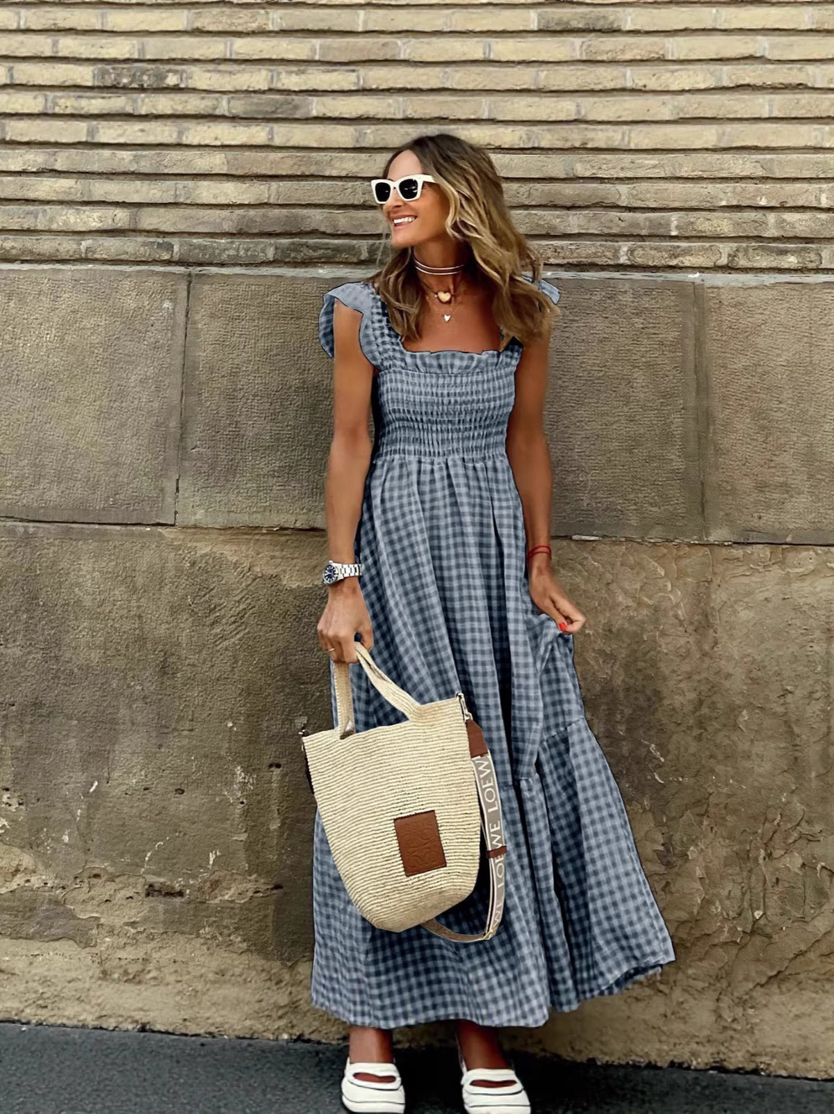 Summer Stylish Women's Patchwork Plaid Strap Elastic Flared Dress