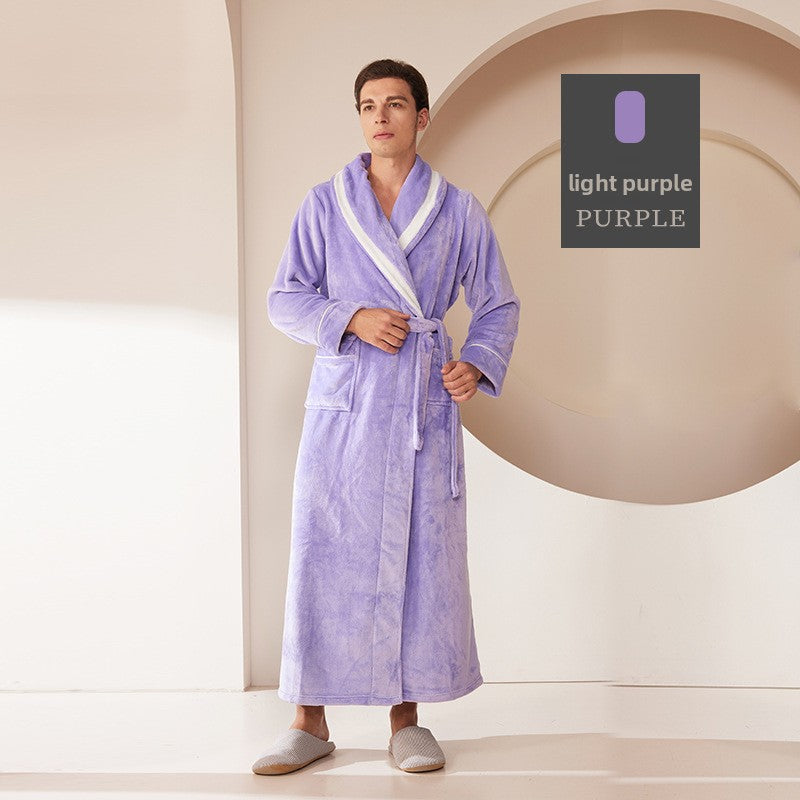 Thickened Long Coral Velvet Flannel Bathrobe for Couples