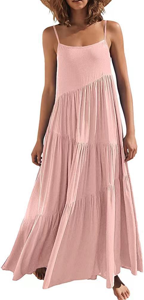Women's Loose Solid Color Pleated Irregular Beach Strap Maxi Dress