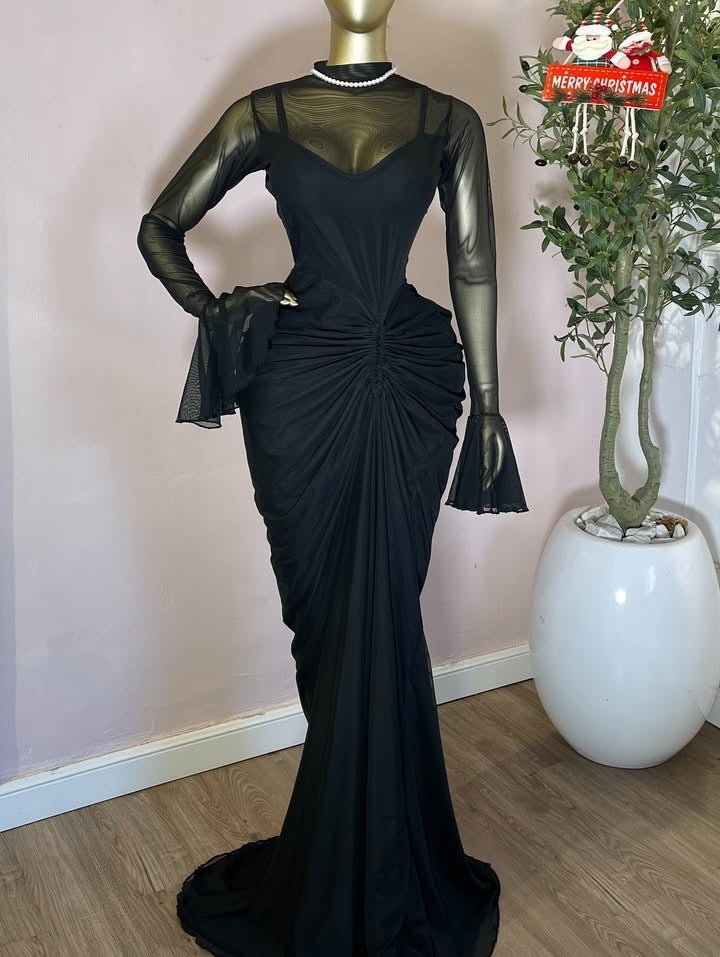 Womens Mesh Pleated Long Dress