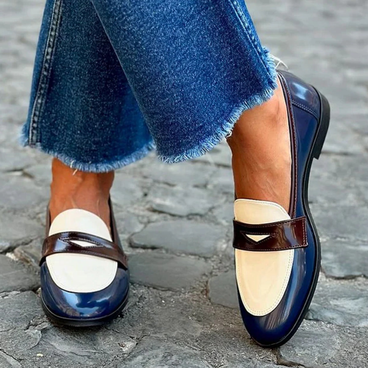Casual Round-Toe Color-Block Slip-On Loafers