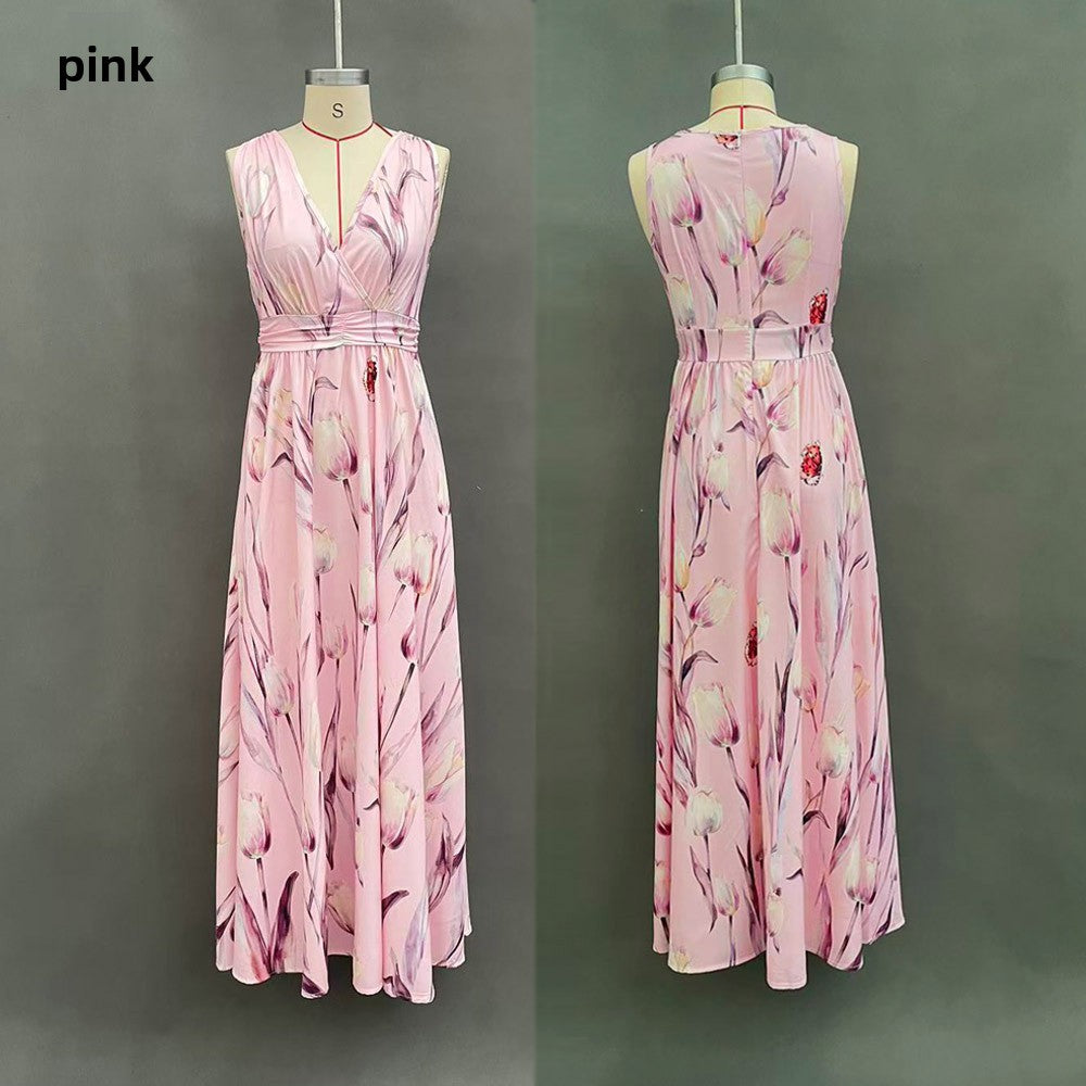 Womens Floral Print Sleeveless V-Neck Irregular Long Dress