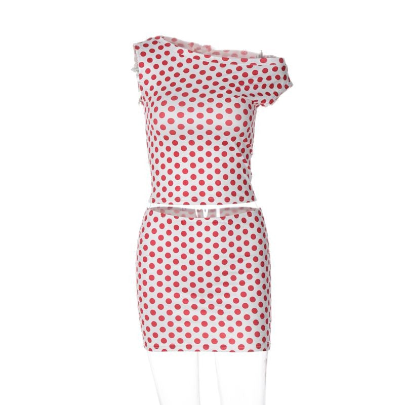 Sleeve Polo Dot Slim Fit Skirt Suit
