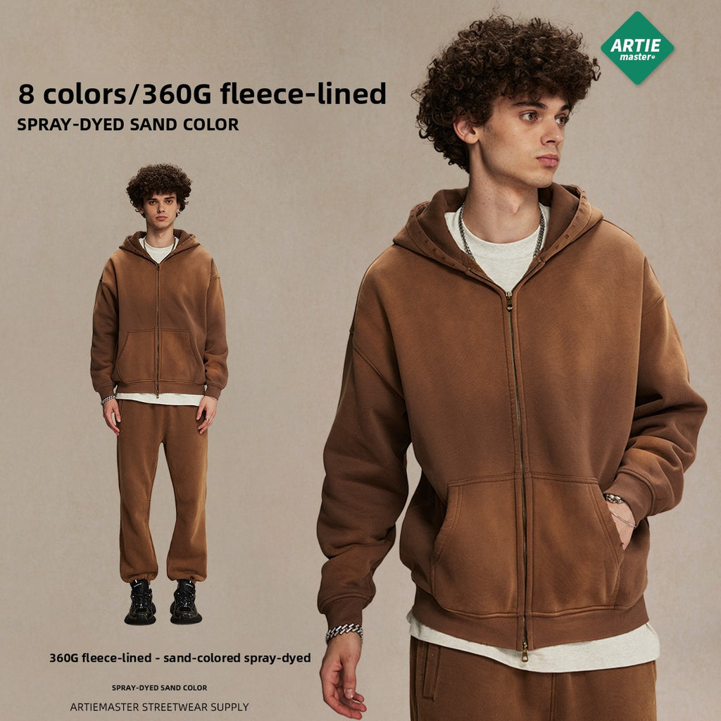 Men's garment dyeing distressed and padded double-headed zipper sweatshirt and pants set