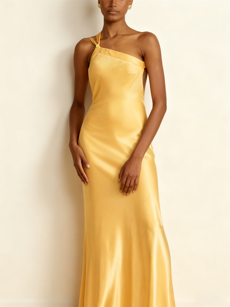 Sleeveless Slope Collar Backless Long Dress