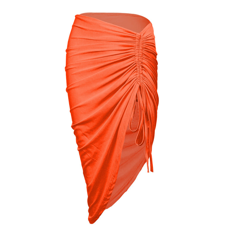 Sexy, body-hugging, asymmetrical skirt; trendy drawstring midi skirt