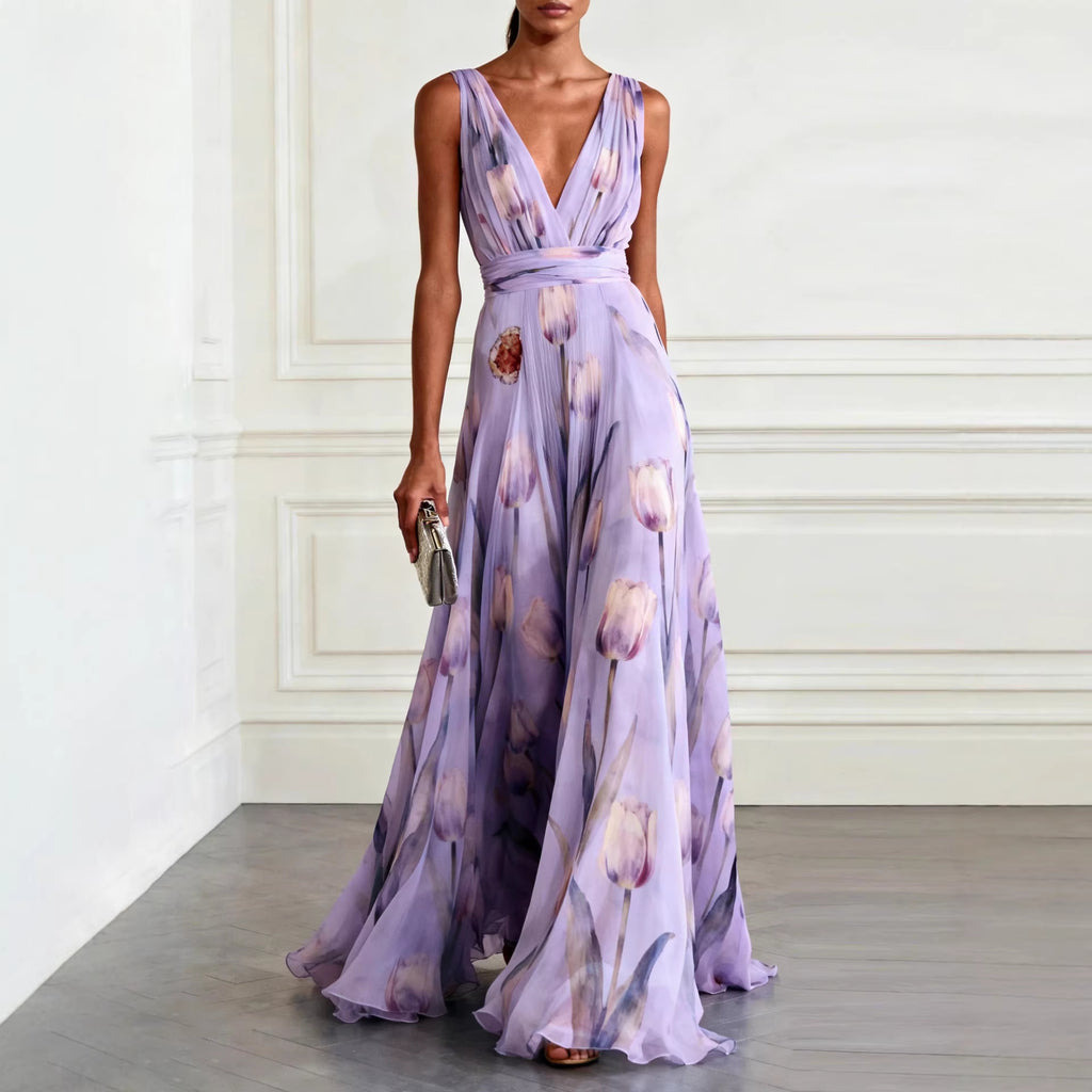 Womens Floral Print Sleeveless V-Neck Irregular Long Dress