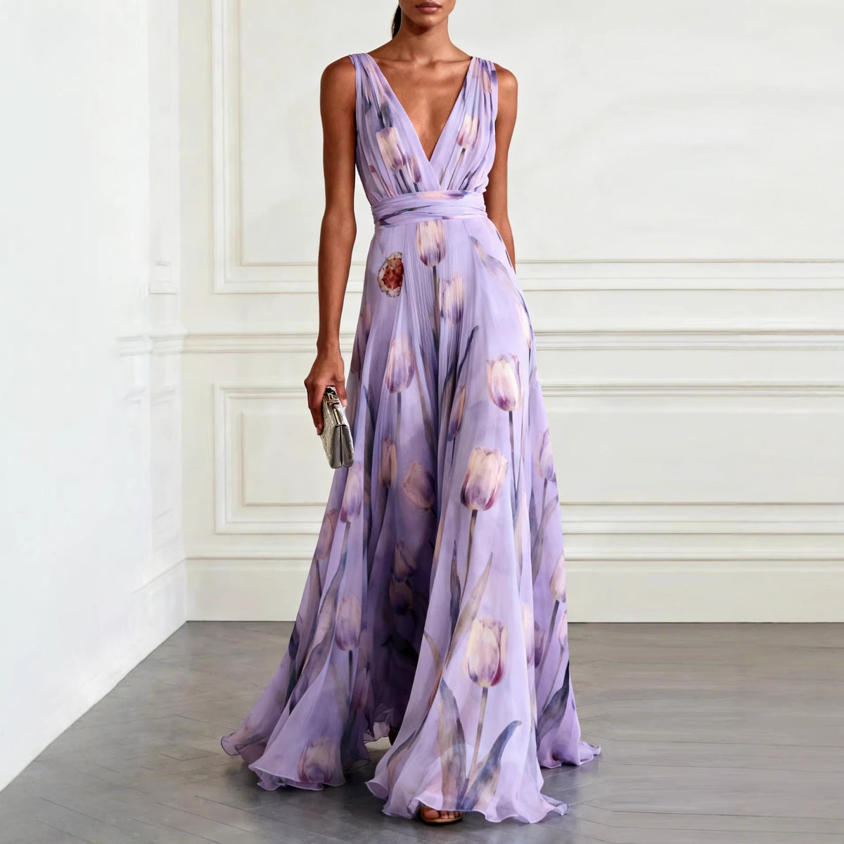 Womens Floral Print Sleeveless V-Neck Irregular Long Dress