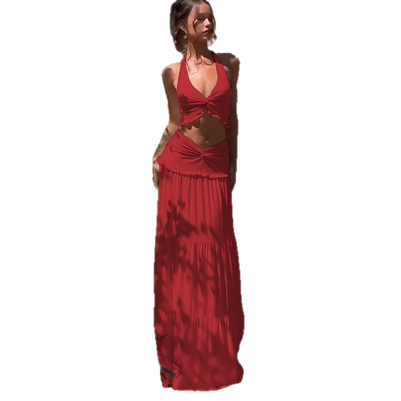 Women's Pleated Halter Top and Ruffled Skirt