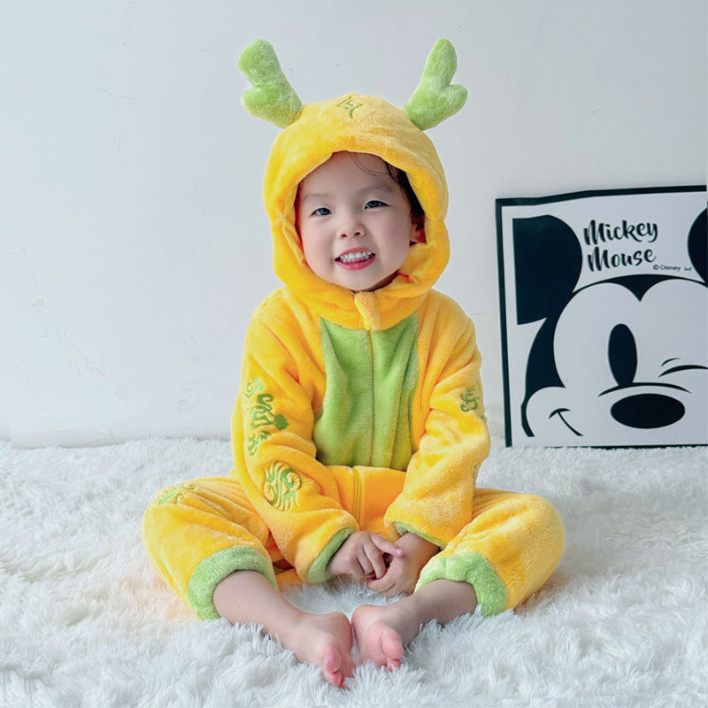 Baby Flannel Hooded Romper Cute Animal One-Piece Pajamas